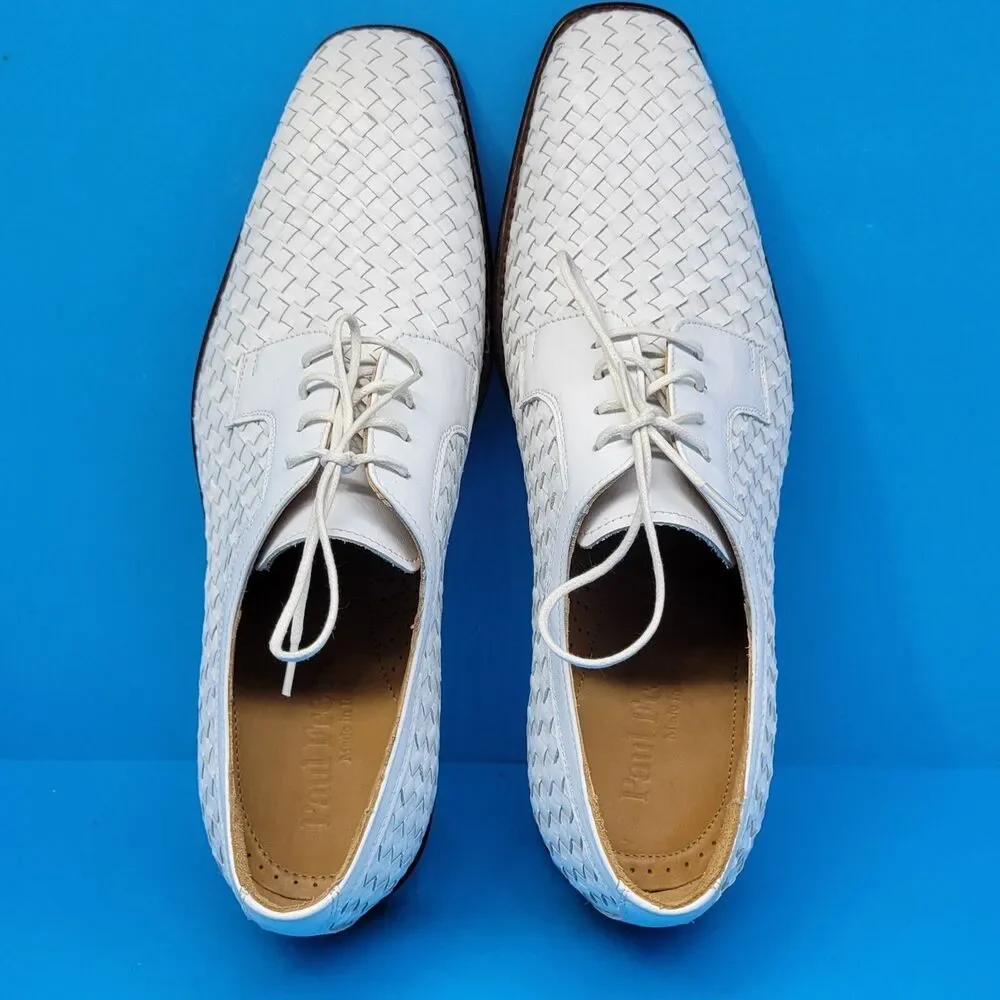 Paul Fredrick FPK 115D Mens White Leather Woven Derbys US 10 M Made In Italy EUC